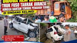 Diduga Rem Blong, Truk Fuso Tabrak Avanza Hingga Hantam Tembok Penahan Tebing Di Sindang Kelingi
